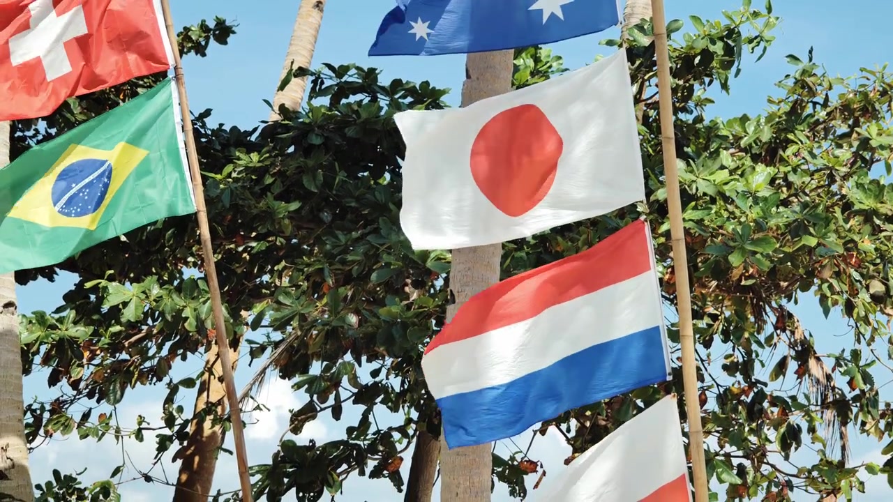 晴れた青空の下、熱帯のそよ風にはためく色鮮やかな国旗。