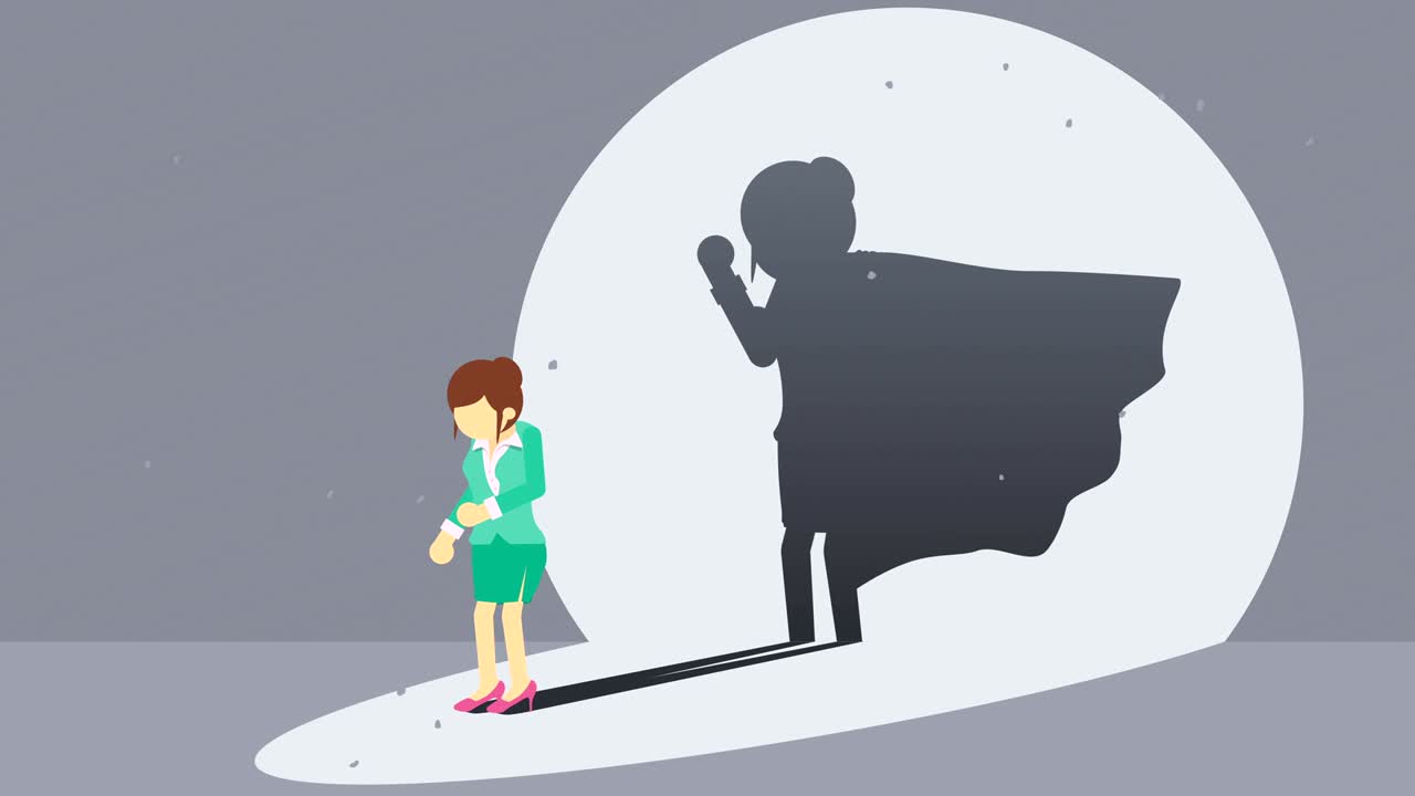 슈퍼히어로 그림자와 함께 서 있는 사업가, 사업가 여성, 상징, 우승자 및 도전 개념, 만화 루프 애니메이션