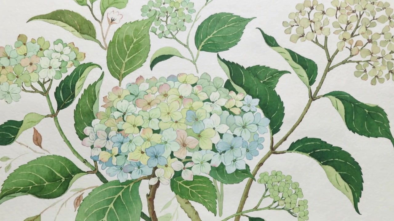 Zooming camera showing central hydrangea art at studio, exposing watercolor wash and leaf veins