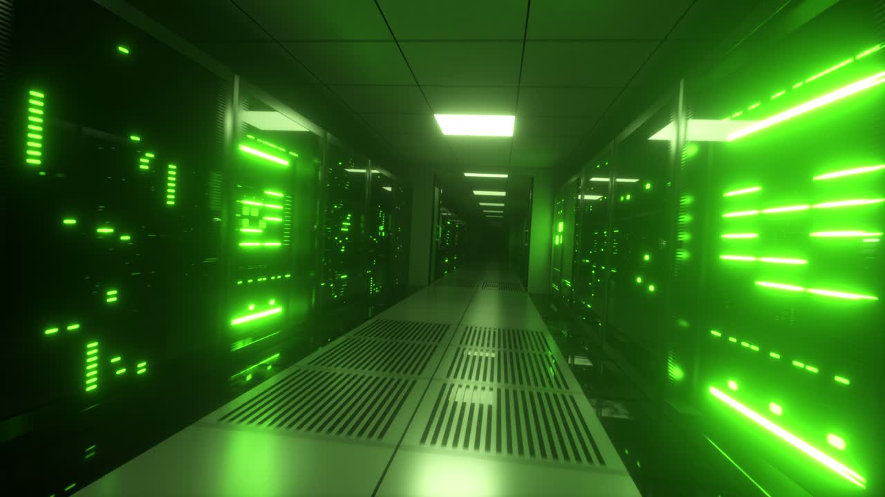 Futuristic Server Room with Glowing Green Lights