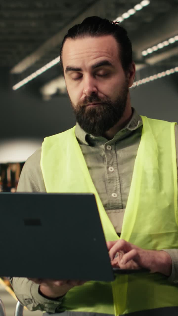 Ritratto video verticale di un dipendente con un lavoro industriale in un magazzino.