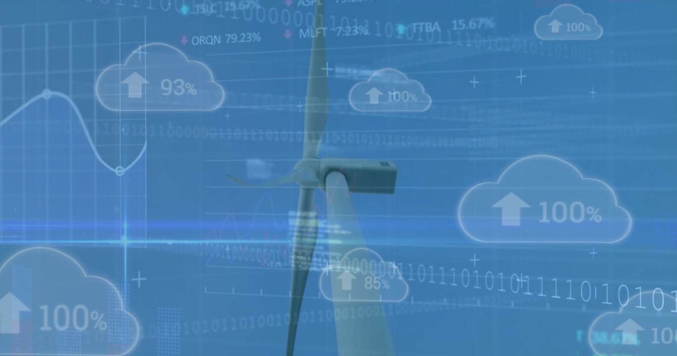 Data pulse starting turbine, camera tilting as it rotating and cloud icons rising showing output