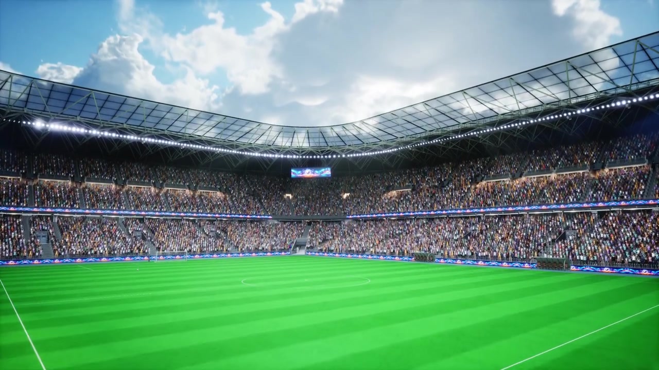 Stadio di calcio renderizzato in 3D all'aperto sotto il sole con i tifosi che esultano