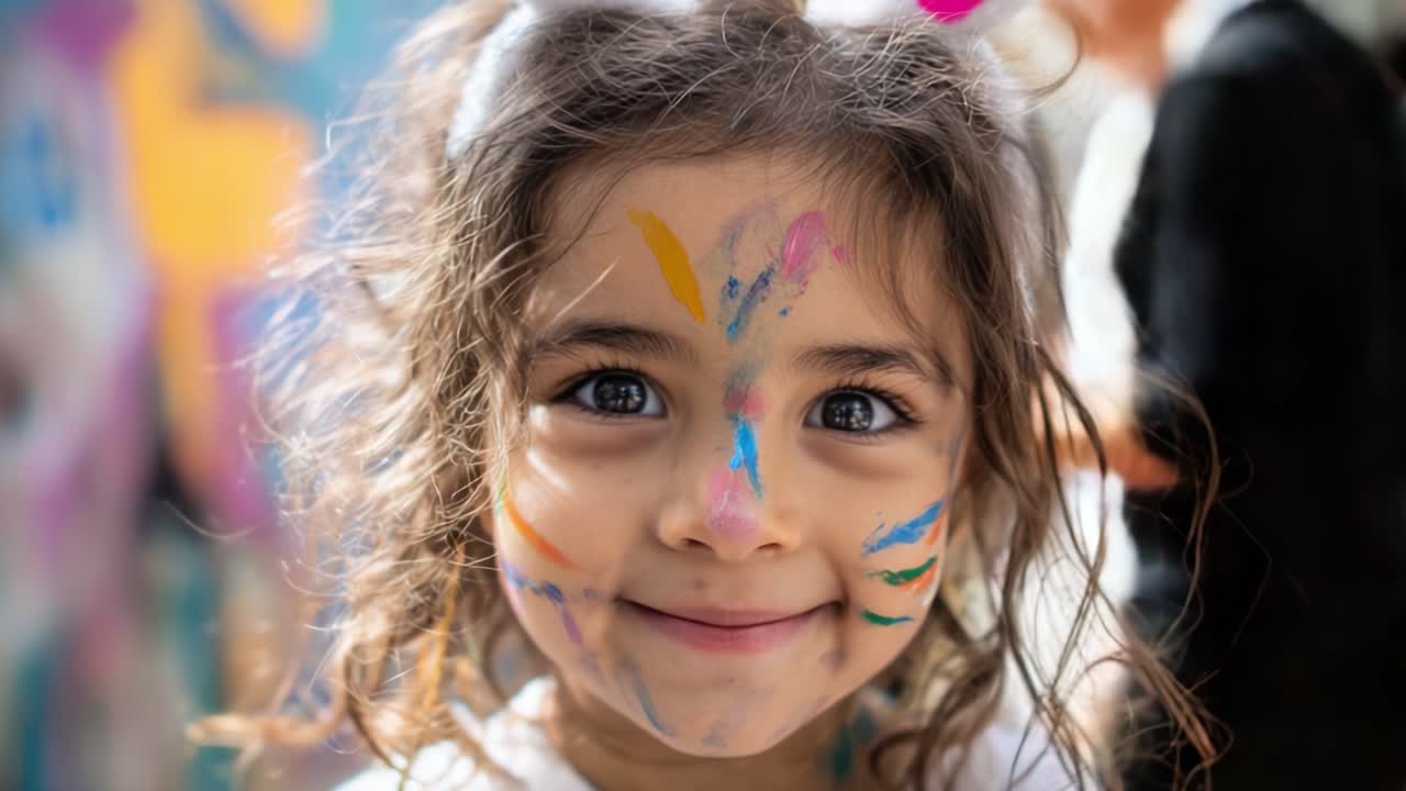 Un niño alegre con pintura facial colorida y accesorios divertidos, sonriendo brillantemente sobre un fondo vibrante lleno de colores vivos y actividad animada