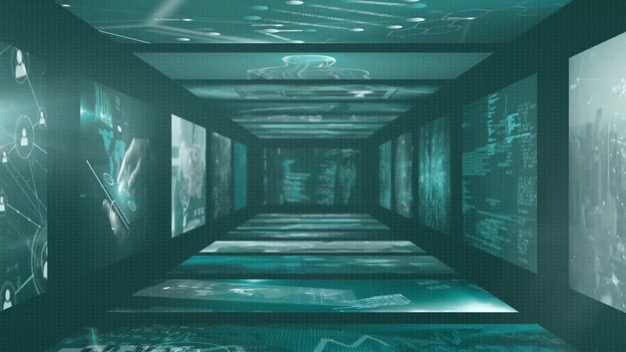 다중 의료 구조, 코드 및 추상적인 패턴을 가진 디지털 인터페이스 화면의 애니메이션