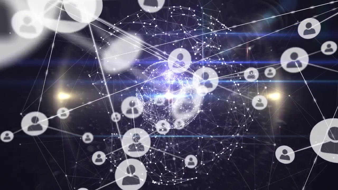 Animation of network of connections with people icons over globe with glowing spots