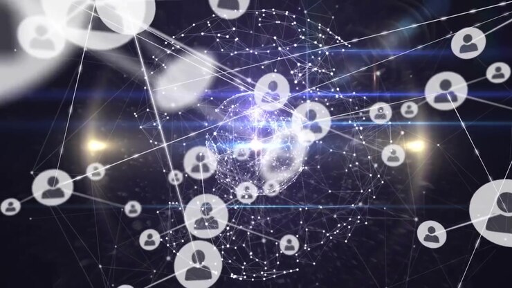 Animation of network of connections with people icons over globe with glowing spots