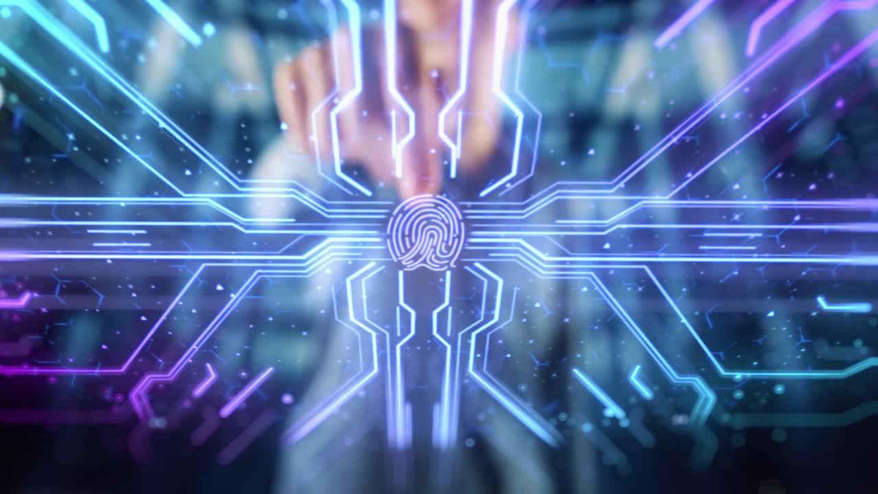 Futuristic Fingerprint Scanner Concept: Human Finger Pushes Touch Screen Button and Activates Artificial Intelligence Interface. Visualization of Internet Digitalization and Online Connectivity.