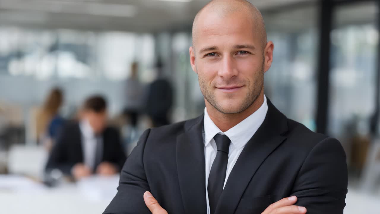 Confident Business Professional with a Welcoming Smile Posing in a Modern Office Environment, Demonstrating Leadership and Professionalism
