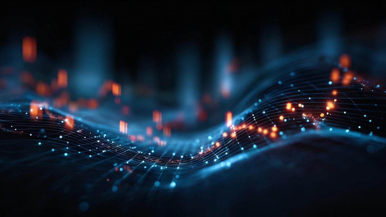 Captivating Visual of Data Waves and Digital Connections Representing the Flow of Information in a Networked Environment, Illuminated by Dynamic Light Patterns.
