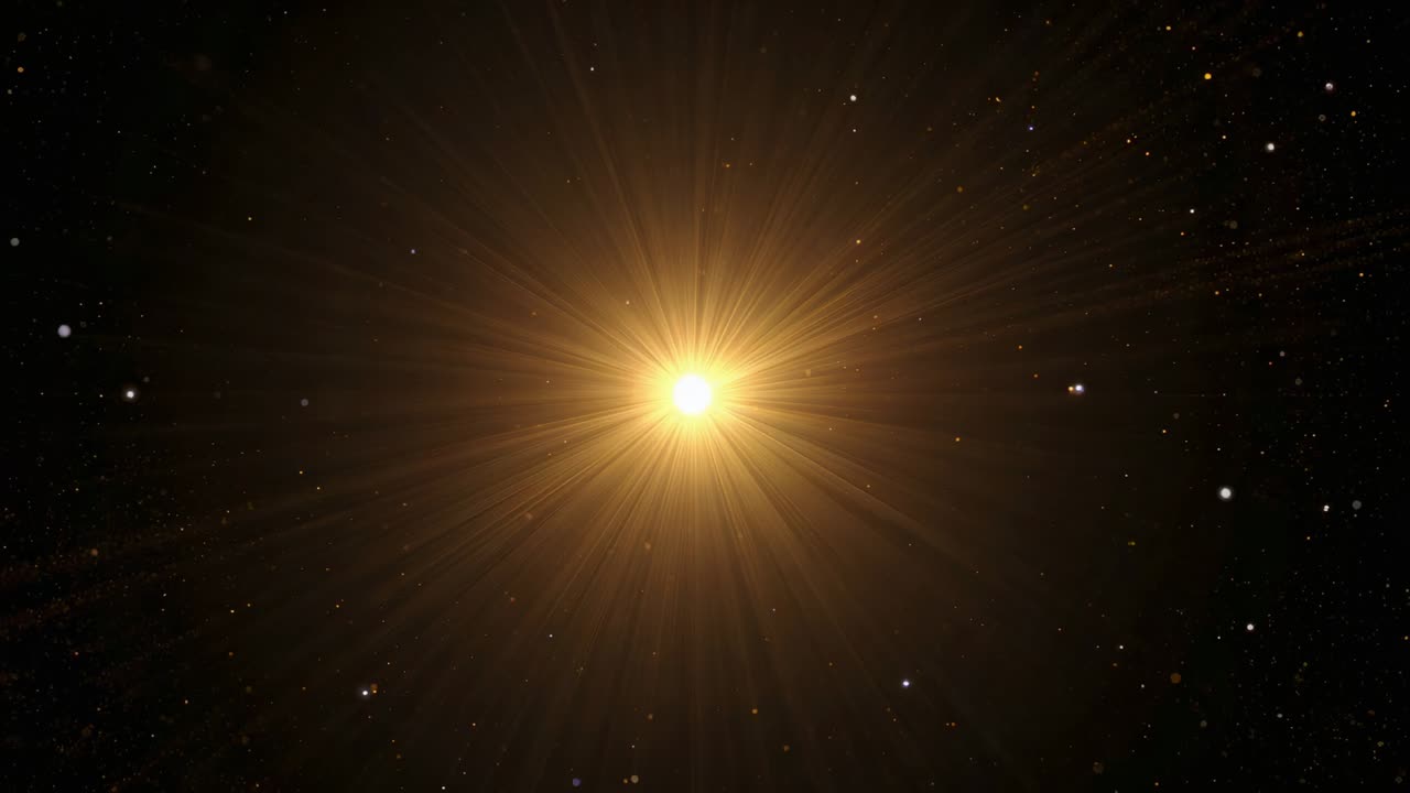 Showing central golden core pulsing during five starfield sequence, fanning rays and drifting dust