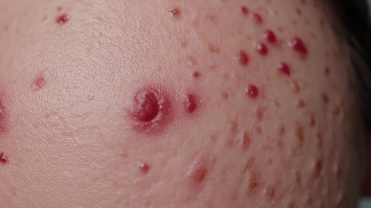 Close-up of Skin with Severe Acne Blemishes