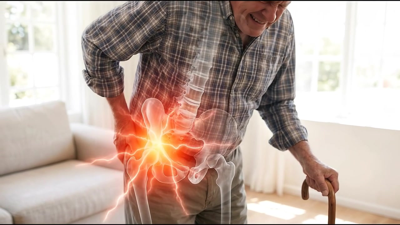 Senior Man Experiencing Hip Pain with Medical Visualization