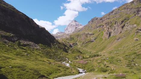 Italian-alps-valley,-aerial-drone-view-with-slow-forward-motion