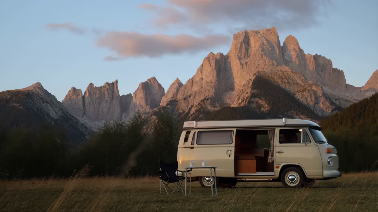 Vintage Camper Van Parked in a Scenic Mountain Landscape at Dusk