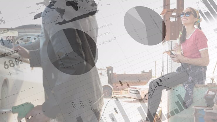Animation of financial data processing over people at the gas station