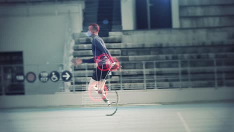 animation of mixed race male disabled athlete with prosthetic legs exercising at a sports stadium