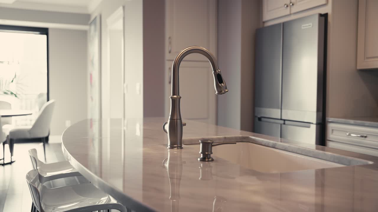 scatto panoramico di un rubinetto di cucina in una cucina a concetto aperto bianco e luminoso