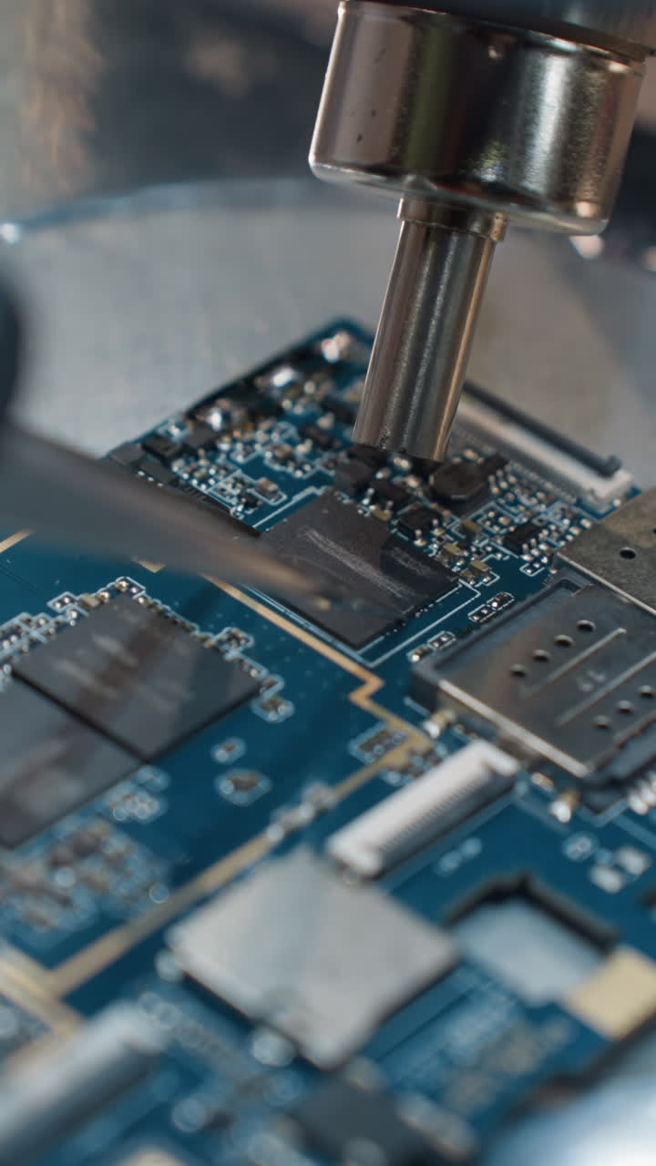 una vista de cerca de las manos con guantes de un técnico usando una herramienta de precisión y un soldador para trabajar en una placa de circuitos bajo un microscopio