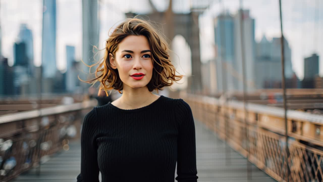 Elegante giovane donna con i capelli corti che cammina verso la telecamera su un ponte cittadino, skyline sfocato dietro di lei, che trasmette fiducia, indipendenza e uno stile di vita urbano moderno alla luce naturale del giorno