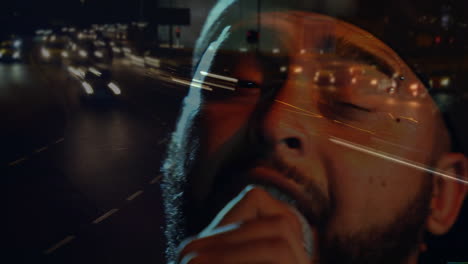 man shaving in studio-urban composite, with streaming light trails illustrating technology concept