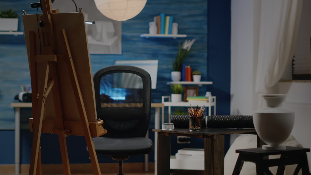 Nobody in creativity studio with artistic drawings