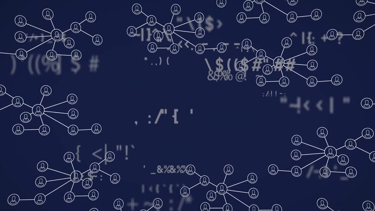 Animation of network of profile icons and changing mathematical symbols against blue background
