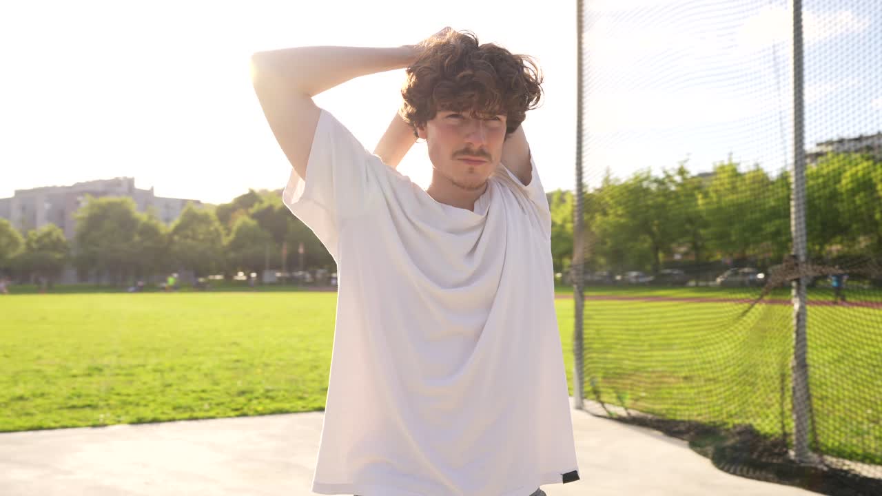 Man Stretching Outdoors in a Park
