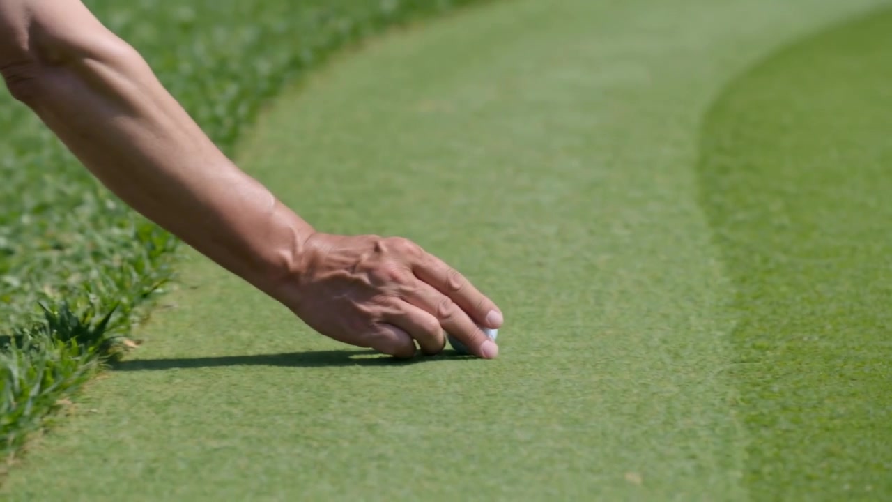 Spotting white ball, gloved golfer reaching fringe, retrieving ball, placing on green for putt