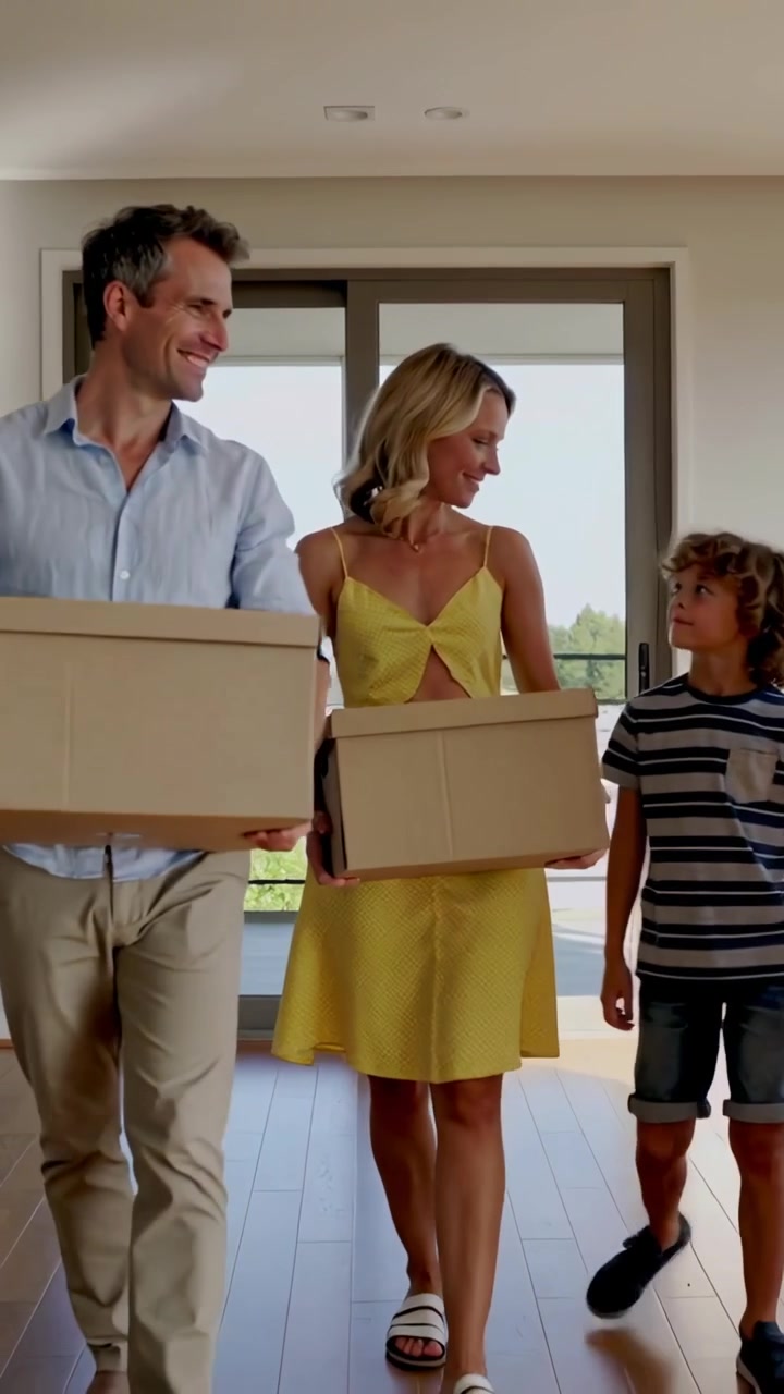 Vertical video: Stepping via glass door, family carrying boxes, mother in yellow dress moving home