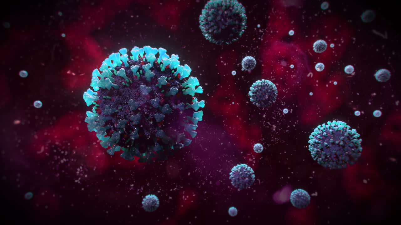 covid-19 moléculas de coronavirus - segunda ola del virus de la influenza - brote pandémico células azules fondo rojo - representación 3d