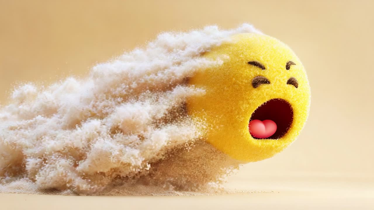 A dynamic animated character made of fluffy yellow material expresses intense emotions while racing through a cloud of sandy particles, showcasing a whimsical yet powerful journey