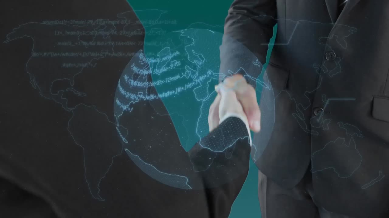 animação do globo e processamento de dados sobre aperto de mão de empresário