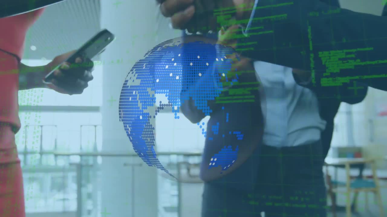 Animation of globe and data processing over diverse group of business people shaking hands