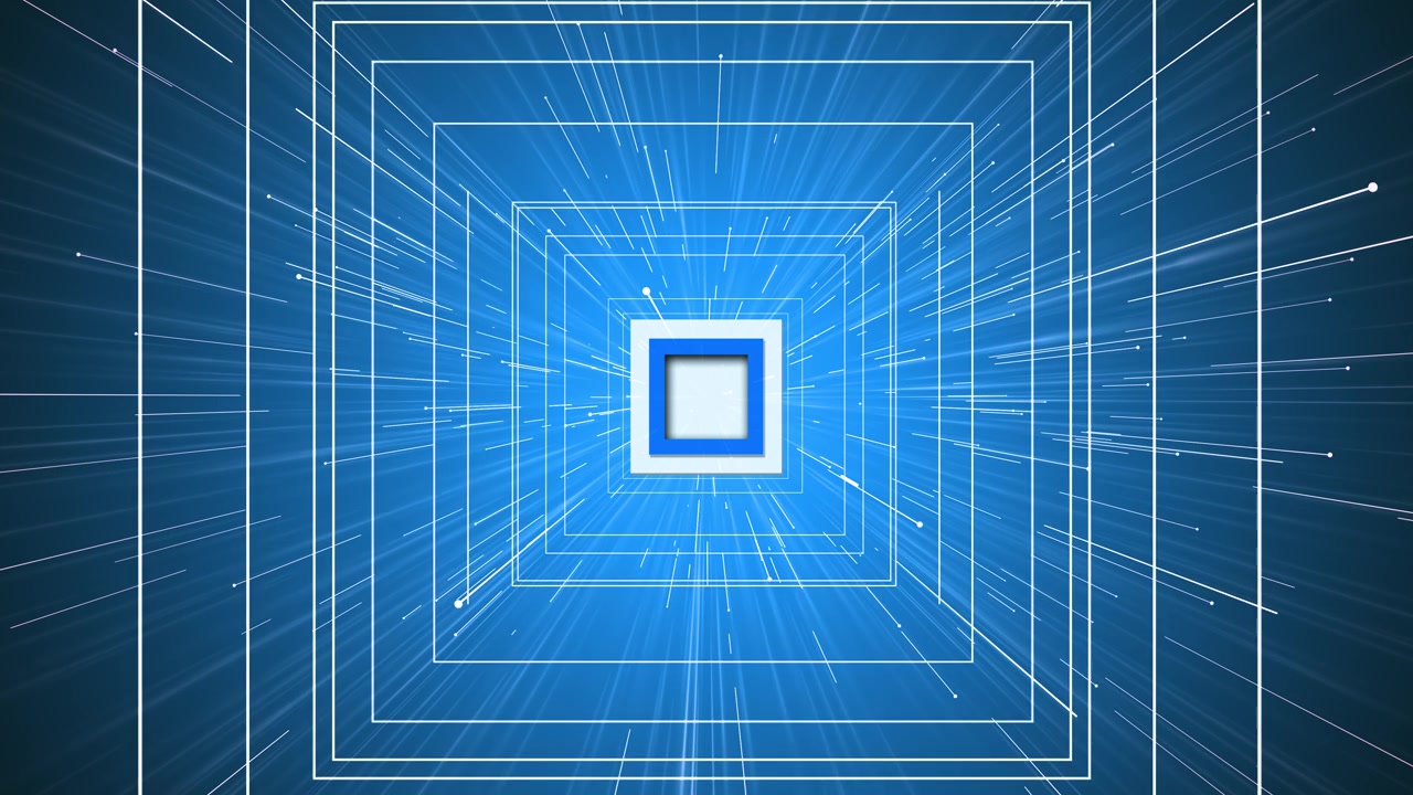 Blue square light tunnel with white geometric frames fast rays glowing center deep perspective