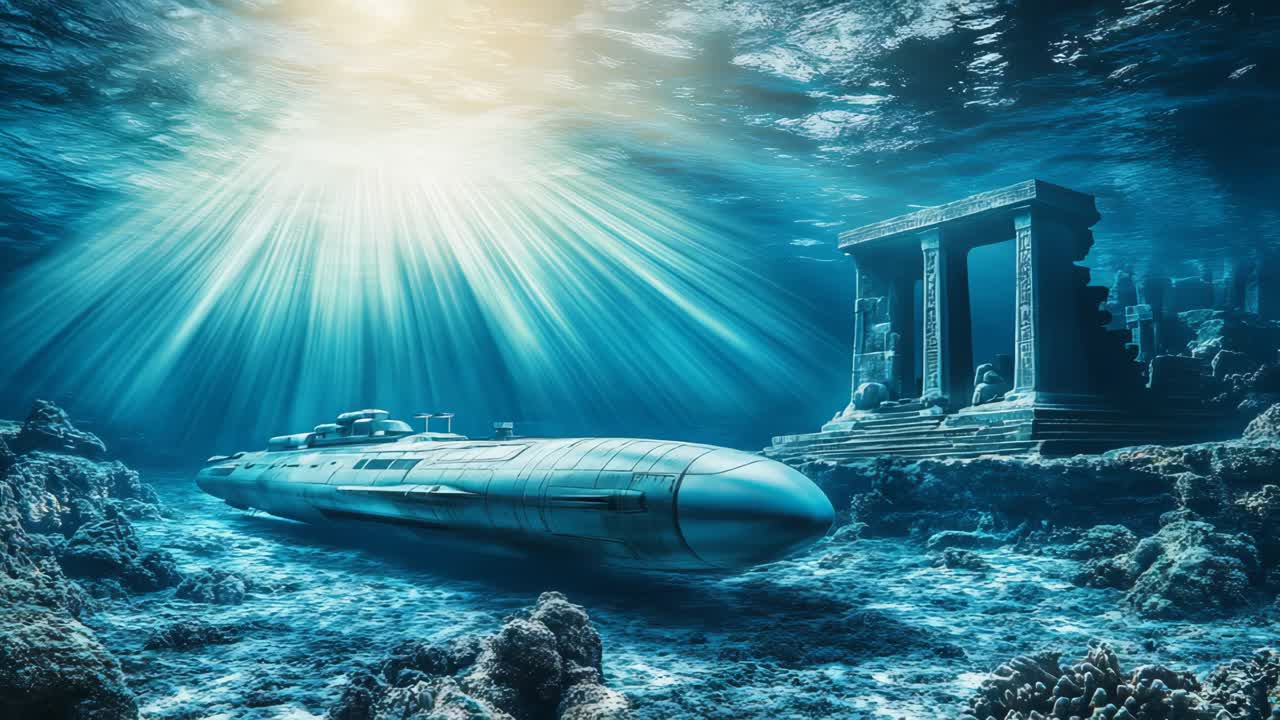 Underwater Ruins with Submarine and Fish