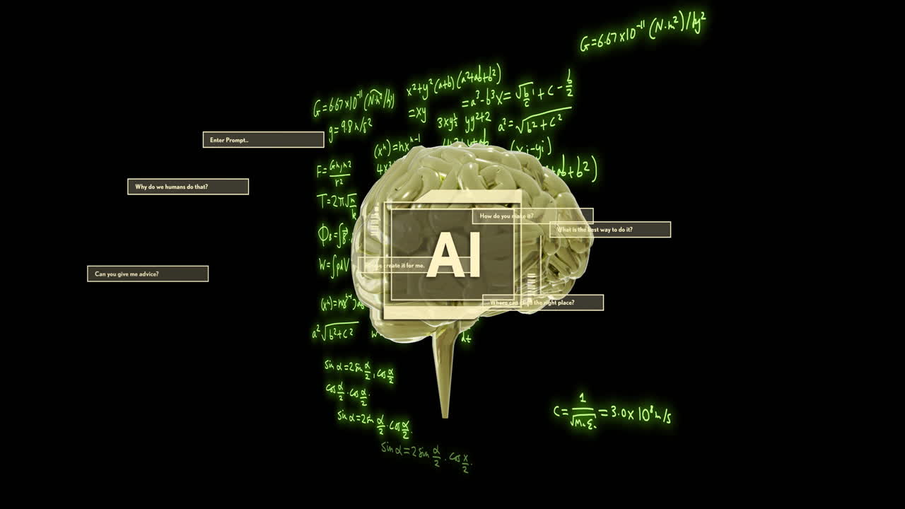 Animation of ai text with brain and data processing over black background