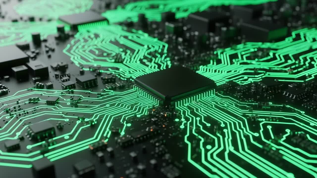 Intricate Circuitry with Vibrant Green LED Traces Revealing the Complexity of Modern Computing Technology in a Close-Up Perspective