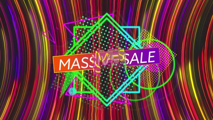 Animazione di offerta lampo su forme al neon e linee colorate che si muovono velocemente