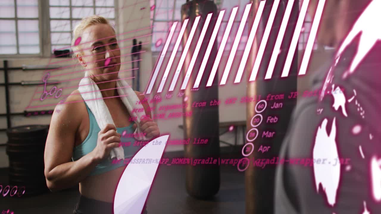 Trainee explaining workout to trainer, towel gesturing, magenta overlay sliding in from right