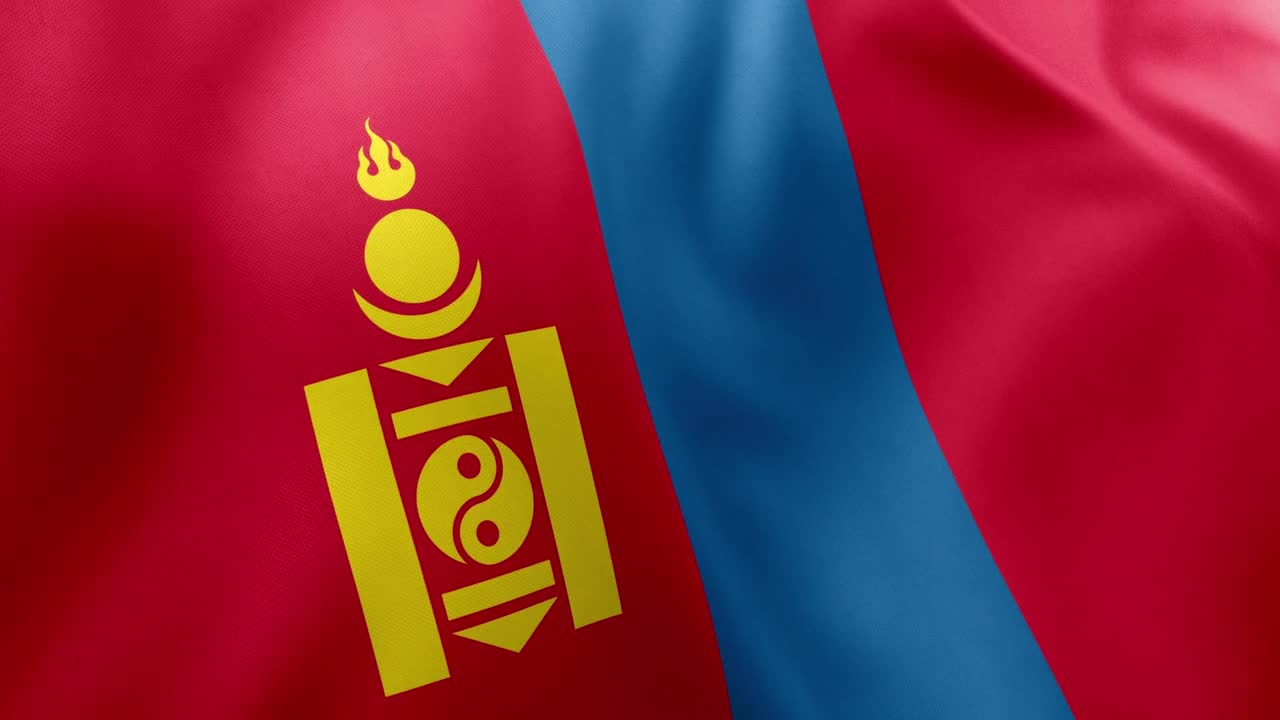 Realistic waving flag of Mongolia, red, blue stripes, yellow Soyombo symbol. East Asian nation symbol, Ulaanbaatar, patriotism, Mongolia