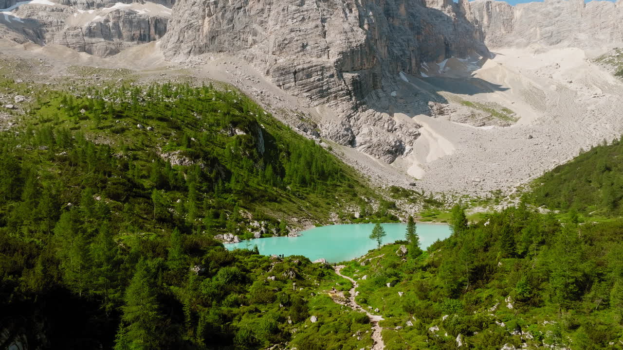 Aerial springtime view of Lake Sorapis in the Dolomites