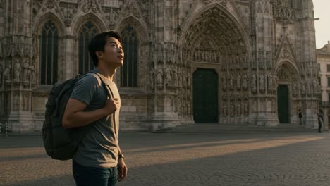 a solo traveler marvels at the intricate architecture of a majestic cathedral while two others pass by in the golden glow of sunset
