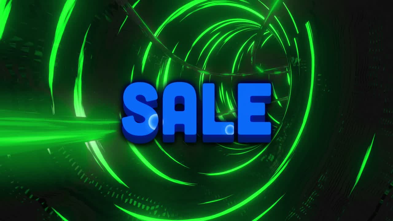 다채로운 추상적인 패턴과 푸른 판매 텍스트의 애니메이션이 녹색으로 조명된 터널에서 움직입니다.