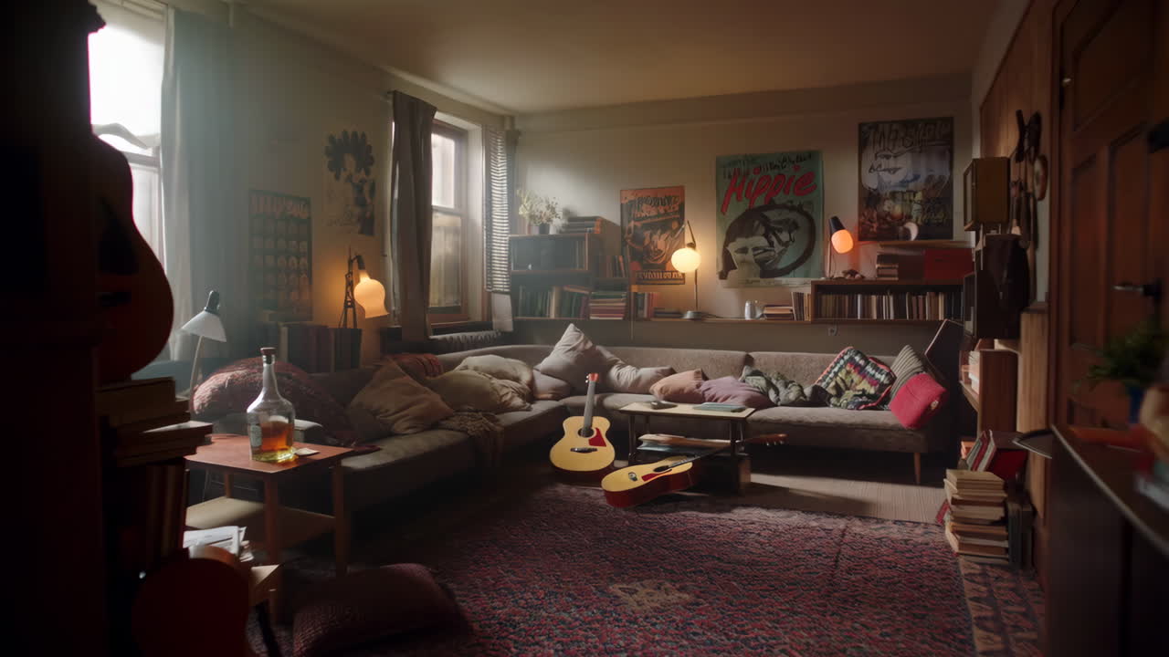 A cozy, vintage-style living room with guitars and bookshelves