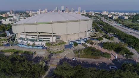 4k aerial drone video of tropicana field and full parking lots next to interstate 275 in downtown st