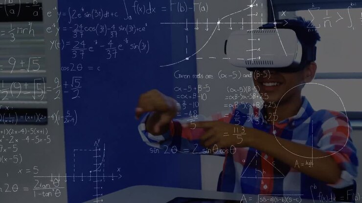 Animazione di equazioni matematiche su uno scolaro afroamericano che usa un visore VR