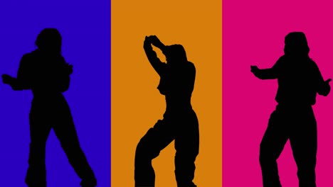 silueta de estudio de pantalla dividida de mujeres bailando contra fondos coloreados