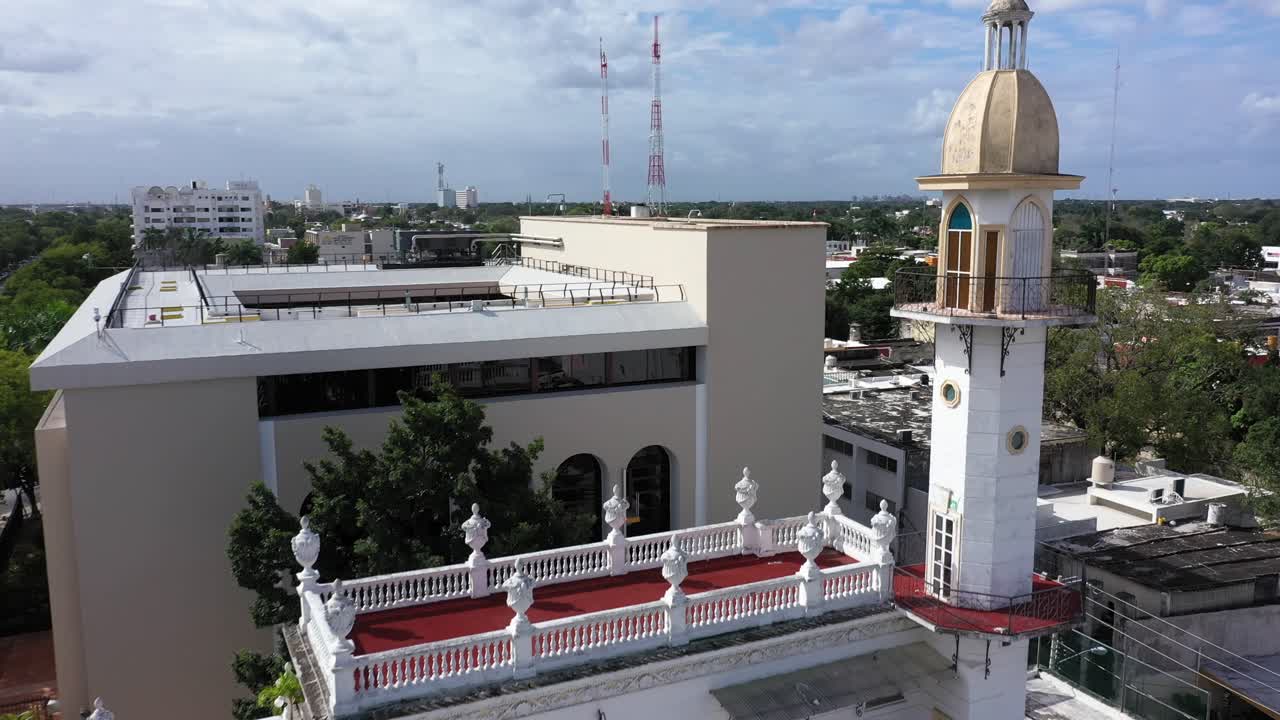 Closeup aerial of the el Minaret mansion on the Paseo de Montejo in Merida, Yucatan, Mexico