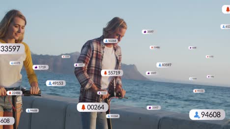múltiples iconos digitales con números crecientes sobre una pareja caucásica montando scooters eléctricos